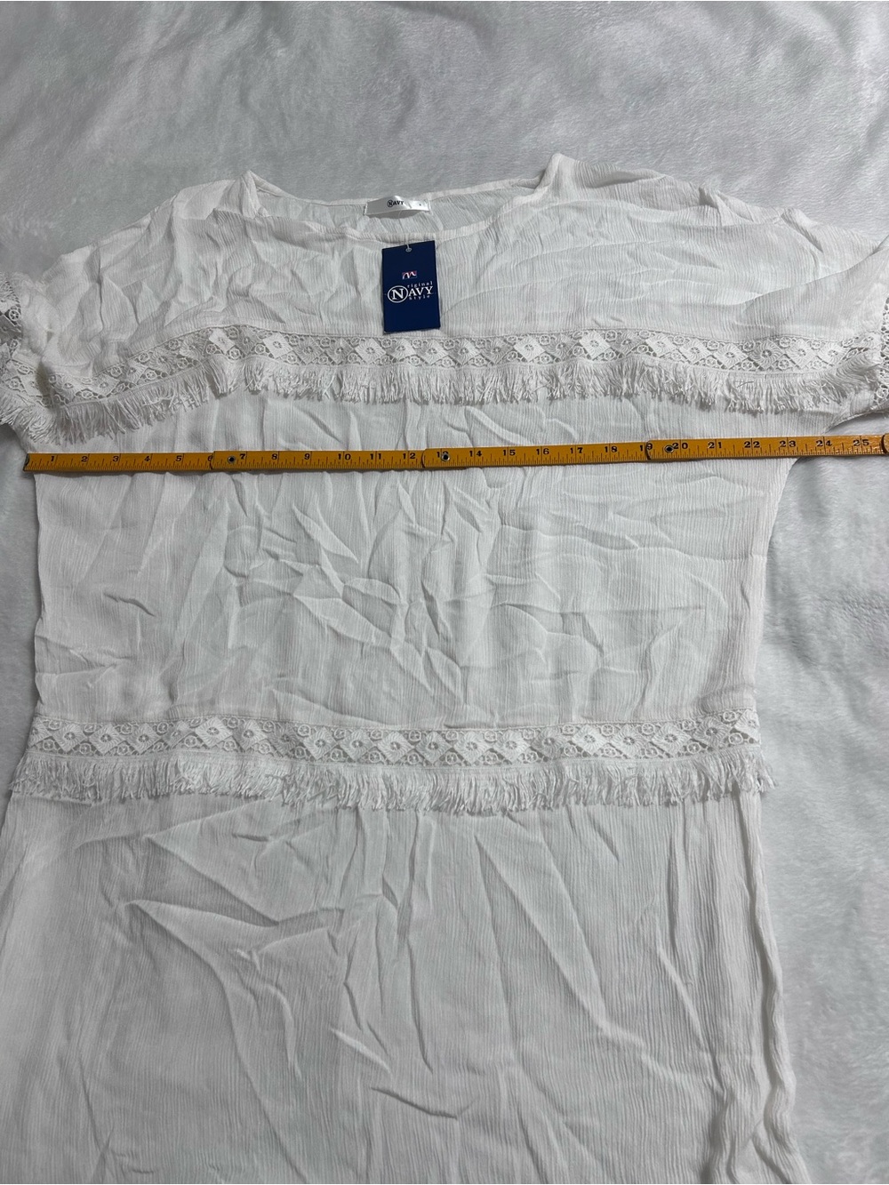 Navy Off White Fringe Top Women’s Large Textured Boho Blouse - Picture 6 of 7